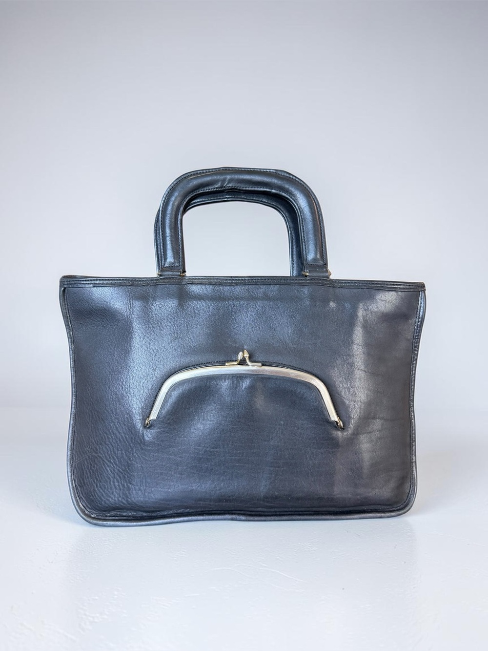 Vintage Coach Watermelon Kisslock Bag Black Leather Pre-Creed 70s Bonnie Cashin